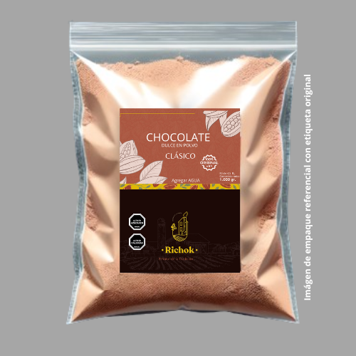Polvo base para preparar chocolate caliente Richok tradicional CON LECHE 28,5% Cacao 1.000 gr